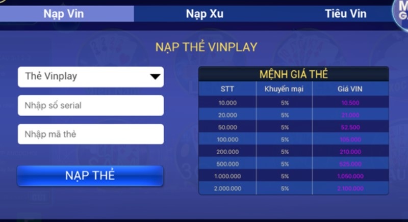 Nạp tiền vào tài khoản tại Vinplaygame để tham gia mọi trò chơi